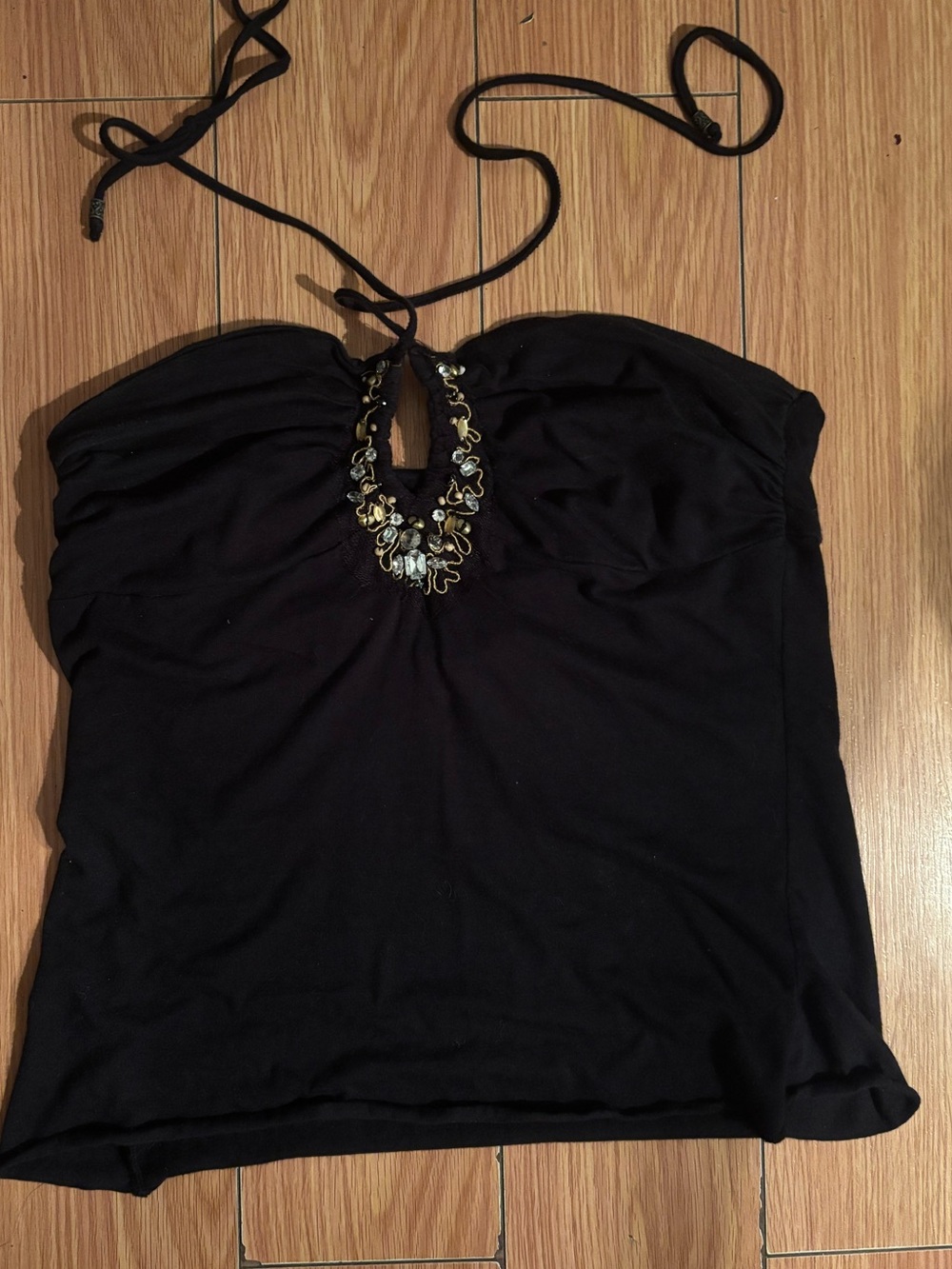 Black Halter Tank Top with Beaded Neckline